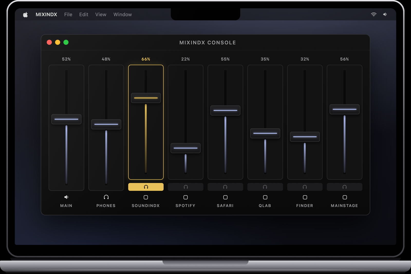 MIXINDX console on a MacBook Pro: eight channel strips with faders and meters, one per running app