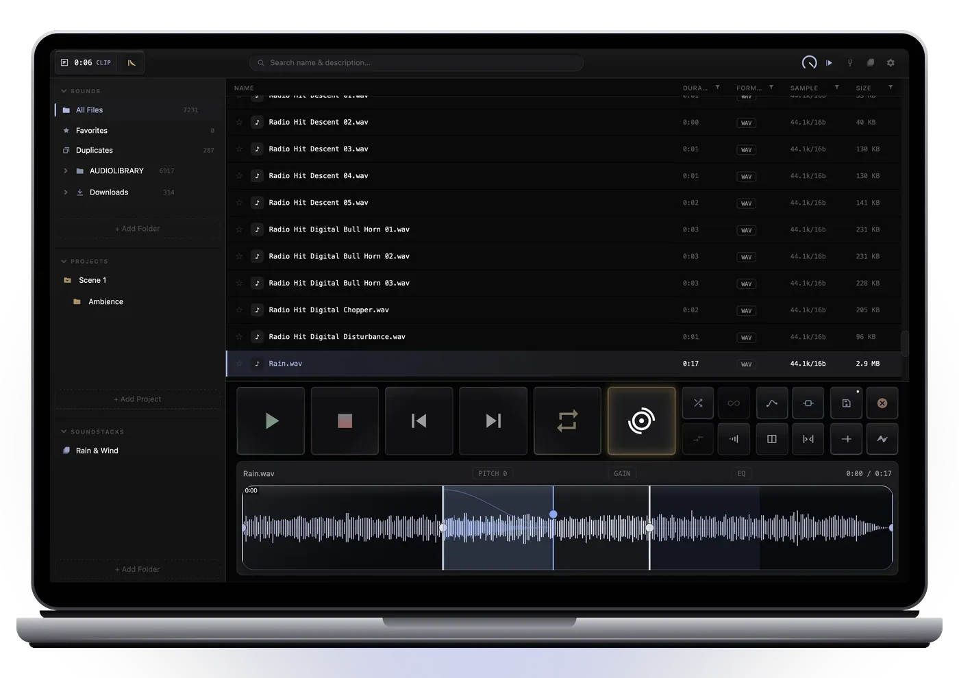 SOUNDINDX running fullscreen on a MacBook Pro